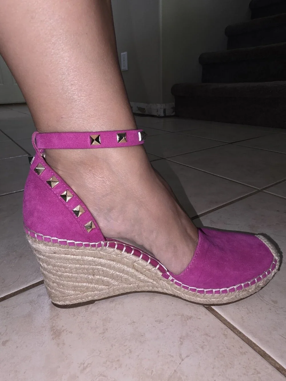 Marc Fisher Pink Suede Studded Espadrille Wedge Sandals